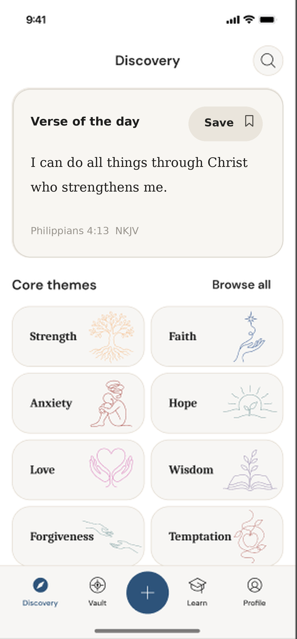 VerseVault Discovery screen showing Verse of the Day, core themes and navigation